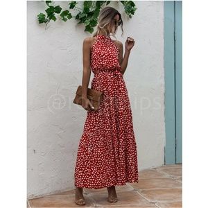 Spotted Print Maxi Dress Tie Belt High Neck White Red Long Flared Halter